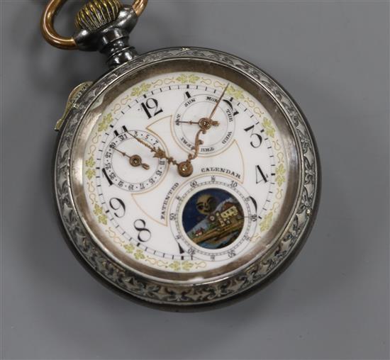 A gun metal and white metal keyless calendar pocket watch.